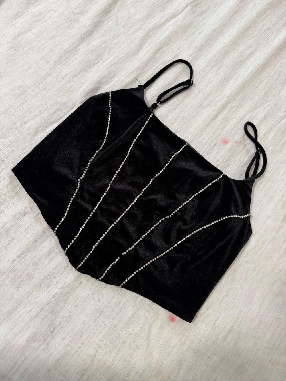 Black Rhinestone-Line Crop Tank Top with Adjustable Straps